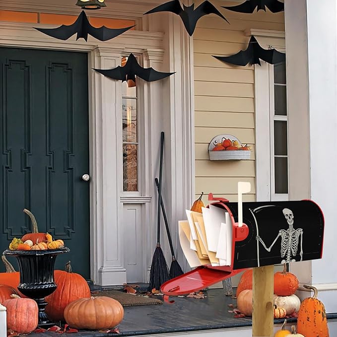 Happy Halloween Skull Mailbox Cover, Skeleton 21x18 Inch Magnetic Mailbox Covers, Black Standard Size Mailbox Wrap Post Letter Box Cover Mailbox Post Cover for Garden Yard Decor