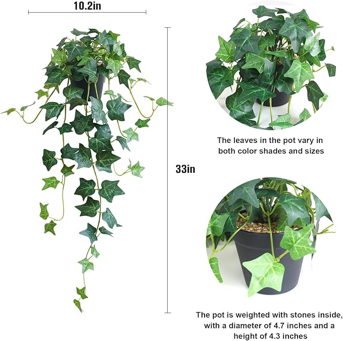 alyptus Fake English Ivy Plants in Pots Set of 2 – Realistic Artificial Ivy Greenery for Home Decor, Tabletop, Office, Shelf, or Bathroom – Lifelike Faux Hanging Vines, No Maintenance Required