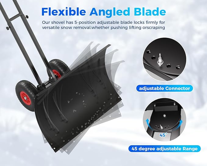 Garvee 29" Snow Pusher Shovel with Wheels,Heavy Duty Steel Snow Shovel with Wheels,Angled Blade Efficient Snow Removal With5-Position Angled Blade & Adjustable Handle for Doorway, Sidewalk,Black