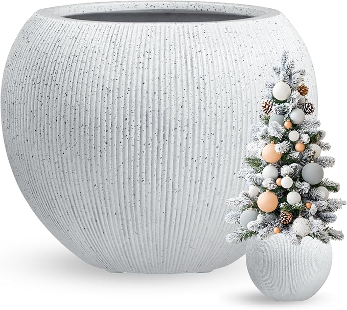 9.7"H x 12"D Globo Fiberstone Round Planter, Christmas Tree Planter, Weather Resistant, Ribbed Finish, Planters for Indoor Plants & Outdoor, Extra Coco Mats (Speckled White,7.8" Pot Opening)