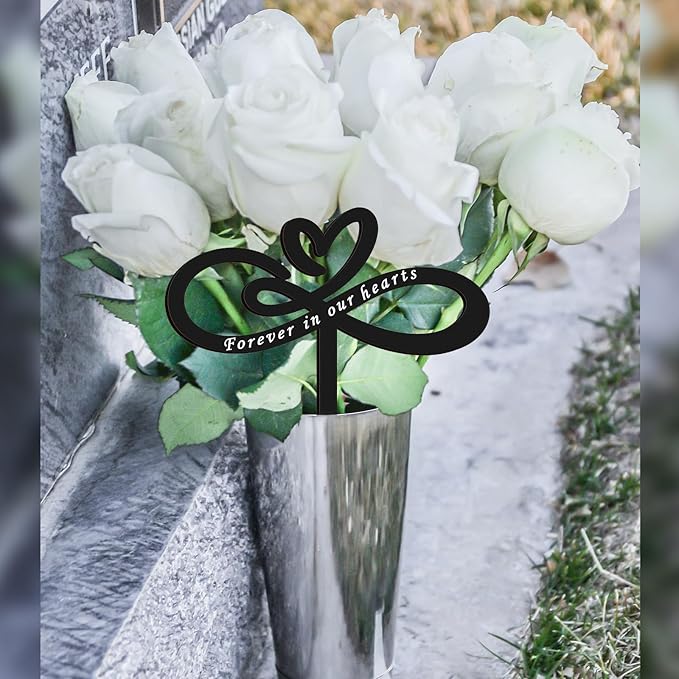 Forever in Our Hearts Memorial Stake – Metal Grave Marker for Cemetery, Remembrance Stake Decor for Garden Yard Grave Site Outdoor