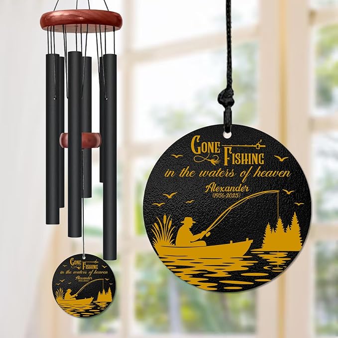 Personalized Gone Fishing Memorial Wind Chime – Gone Fishing in The Water Heaven Fisherman Design – Custom Name, Dates Outdoor Sympathy Gift for Men, Dad, or Grandpa – Memorial Garden Decor for Loss
