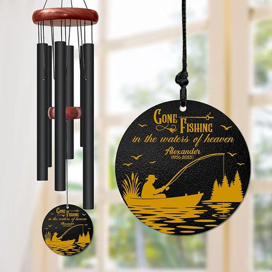 Personalized Gone Fishing Memorial Wind Chime – Gone Fishing in The Water Heaven Fisherman Design – Custom Name, Dates Outdoor Sympathy Gift for Men, Dad, or Grandpa – Memorial Garden Decor for Loss