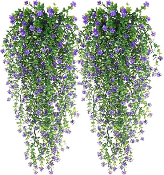 WEISPARK Artificial Hanging Flowers, 4pcs Fake Eucalyptus Vine Faux Flower Greenery Garland Plastic Plants for Indoor Outdoor Wall Garden Wedding Home Party Decor (Purple)
