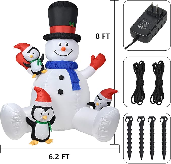 Lvydec Lighted Inflatable Snowman Christmas Outdoor Decoration - 8ft Blow Up Snowman with Built-in LED Lights and 3 Little Penguins for Christmas Holiday Yard Decoration