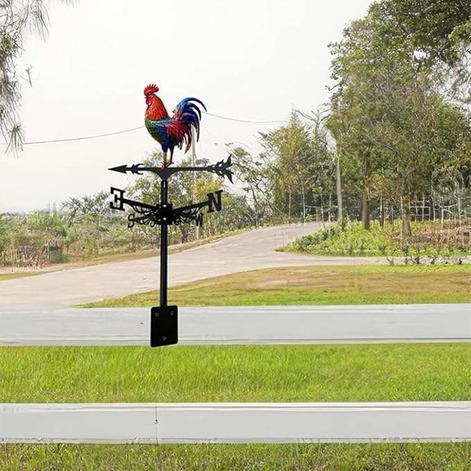 Metal Rooster Weathervane Yard Barn Ornament Colorful Weather Vane Roof Vivid Cock Wind Direction Indicator Outdoor Garden Art Decor (D)