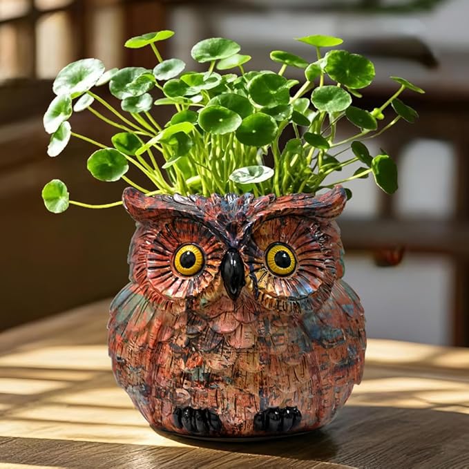 Owl Planter, Owl Succulent Pots, Owl Flower Pot, Owl Statue Decor, Cute Plant Pots Indoor/Outdoor, Animal Bird Planters with Drainage, Owl Vase Gifts for Women Mother Teacher, Pen Brush Holder Brown