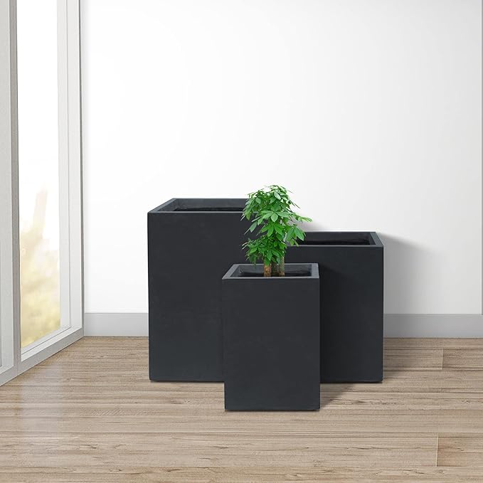 Kante 18.5",15.7",12.6" H Tall Rectangular Concrete Planters Set of 3, Outdoor Indoor Lightweight Plant Pots with Drainage Hole and Rubber Plug, Modern Style for Home Garden Patio, Charcoal