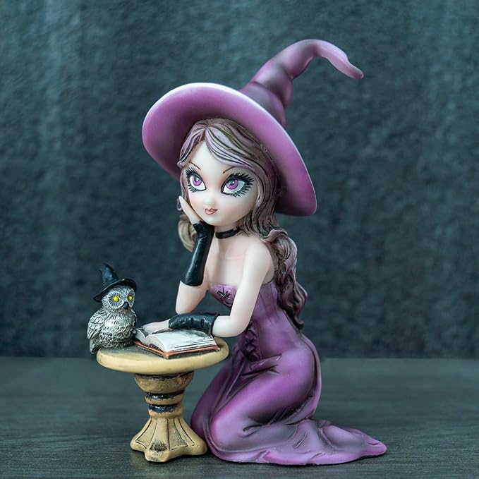 Mystical Purple Witch Resin Statue with Owl & Book Halloween Décor, Witchcraft Collectible, Unique Home & Office Decoration