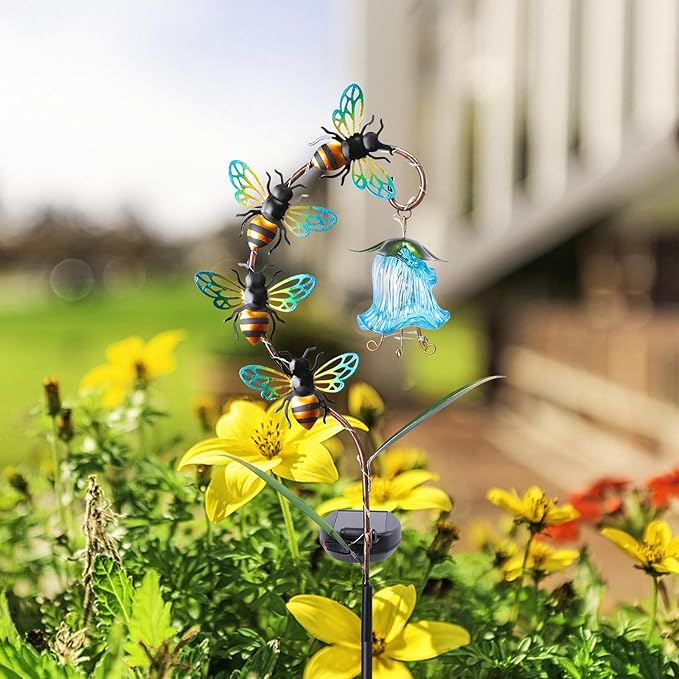 Bshine Solar Flower Outdoor Waterproof Bee Lights, Garden Decorative Metal Stake Bee Hanging Flower, Yard Decorations Outdoor Patio, Courtyard, Pathway and Lawn Ornaments, Housewarming Gift