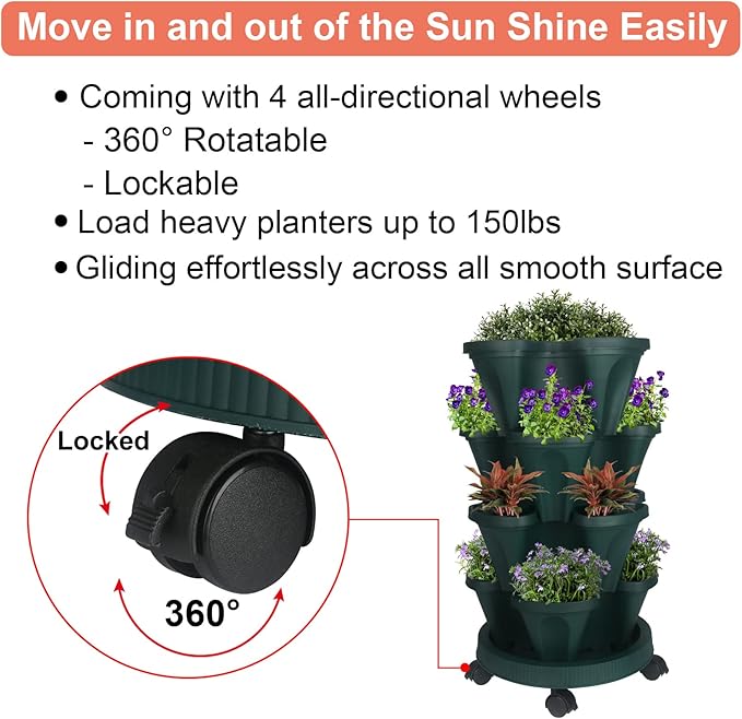 GameXcel Vertical Planter 4 Tier Stackable Planters Garden Planters Strawberry Herb Flower and Vegetable Planter Indoor Outdoor Gardening Pots with Removable Wheels and Tools
