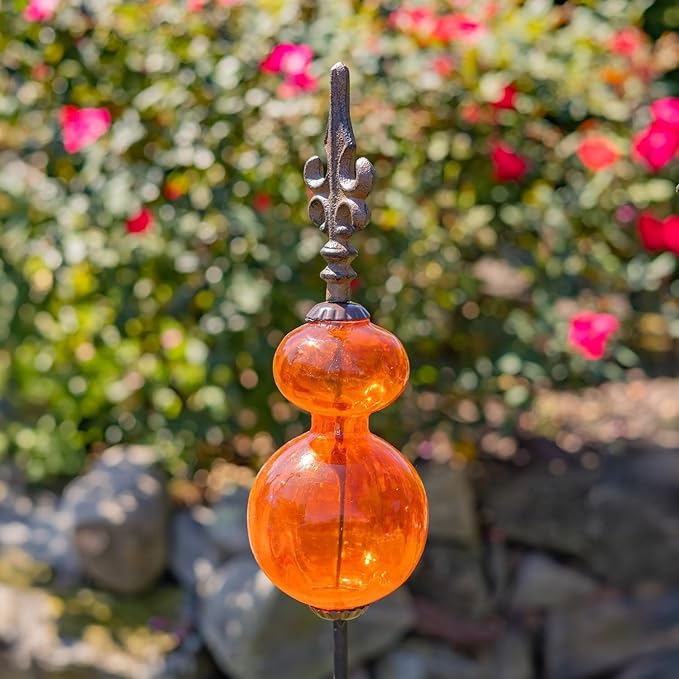 Zaer Ltd. Colored Blown Glass Garden Stake with Cast Iron Finial on Top (Pack of 2) (Bright Orange)