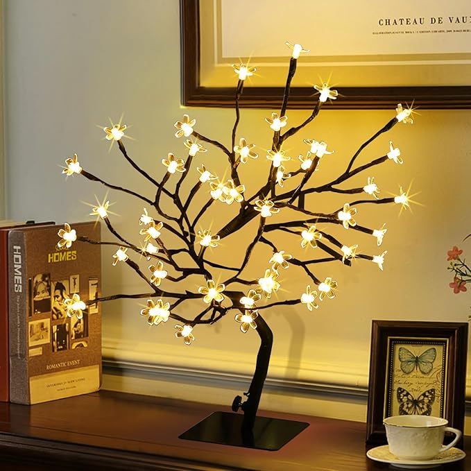 Cherry Blossom Tree Lights,Artificial Bonsai Tree with 48 Warm White LED Lights, 16.2 Inch Prelit Cherry Blossom Lamp for Christmas Party Wedding Gift Home Tabletop Decoration