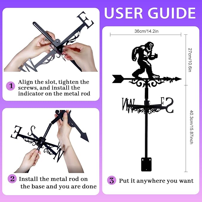 Bigfoot Weathervane Arrow Metal Wind Vane Big Foot Sasquatch Weathercock Garden Decoration Wind Direction Indicator Stake Roof Mount Ornament for Farmhouse Yard Outdoor