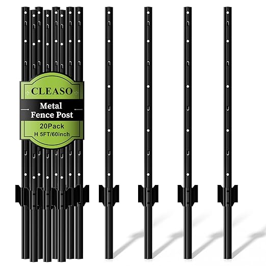20 Pack Metal Fence Posts, 5ft Heavy Duty U-Post, Black Garden Stakes, No-Dig Post Anchors for Wire Fences, Temporary Fencing, Electric Fence, and Corner Support