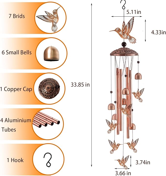 Hummingbird Wind Chimes for Outside, Gifts for Women/Men, Metal Windchimes for Outdoor Garden Decor Yard Decor Birthday Gifts Memorial Gift Housewarming Gift