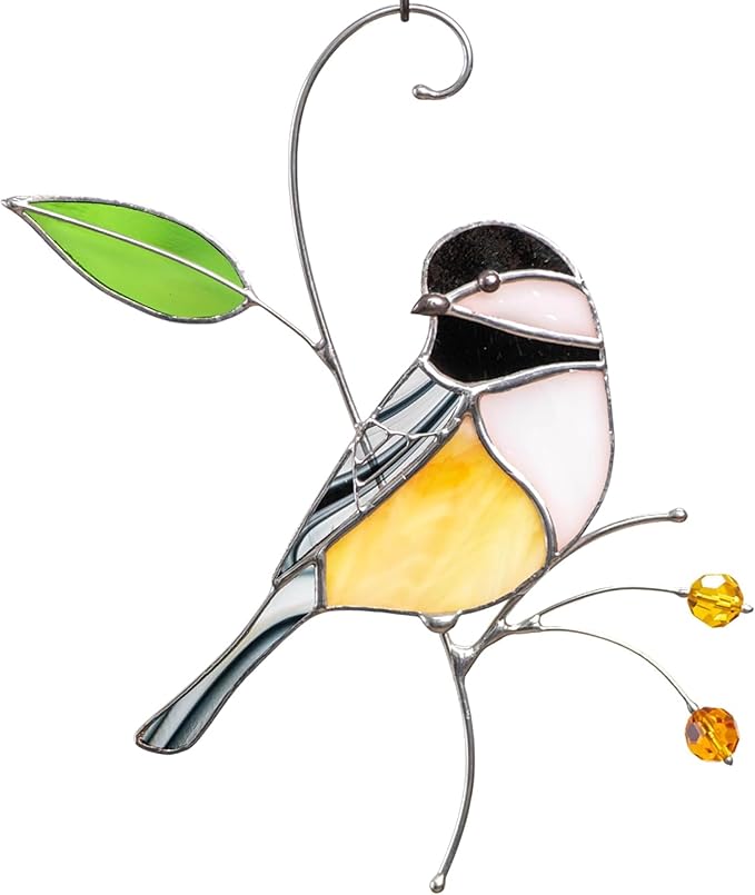 Gift Birds Handmade Chickadee Stained Glass Suncatchers Genuine Stained Glass Window Hanging Unique Indoor Ornament & Outdoor Decor (A Chickadee)