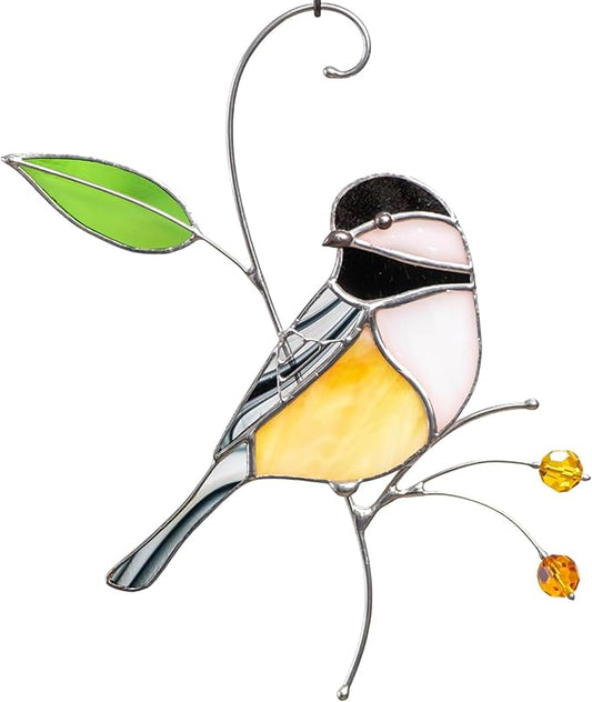 Gift Birds Handmade Chickadee Stained Glass Suncatchers Genuine Stained Glass Window Hanging Unique Indoor Ornament & Outdoor Decor (A Chickadee)