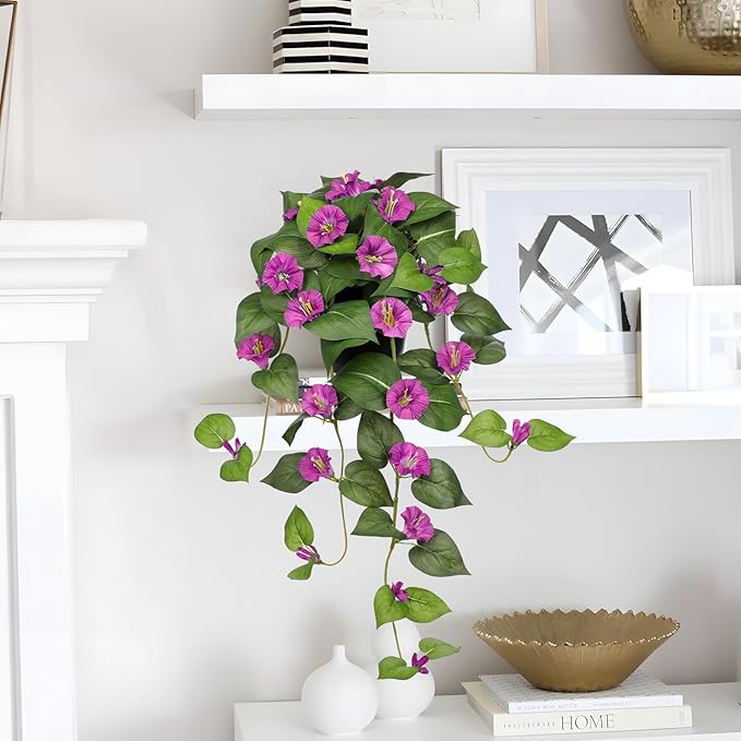 Briful Artificial Hanging Flowers in Pot 25.6" Faux Silk Morning Glory Flower Vine with Cascading Greenery Fake Hanging Plants for Home Office Bathroom Table Shelf Decor(Pink)
