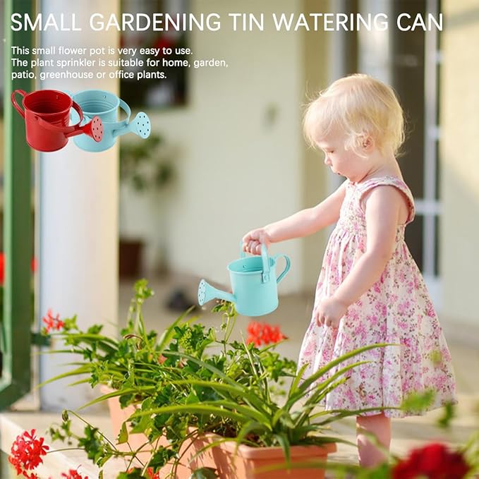 2Pcs Mini Watering Can Sprinkler Bucket for Kids Metal Gardening Water Pot for Outdoor and Indoor House Plants, Blue/Red/Cute Watering Can