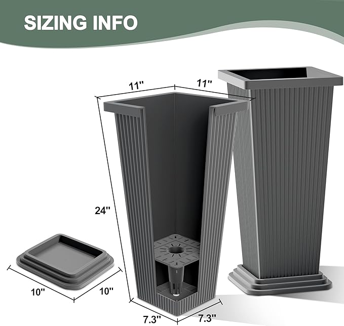 Set of 2 Tall Planters with Drainage Tray, 24 Inch Large Flower Pots for Indoor Outdoor Plants Mordern Planter Weather-Resistant for Patio, Front Door Decor, Garden (Gray Ribbed)