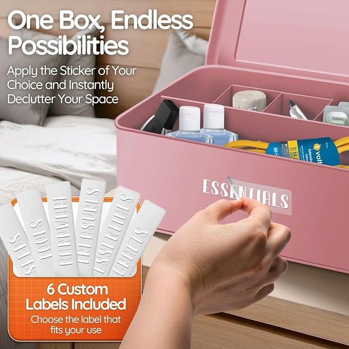 Flexzion Tin Storage Box with Removable Tray, 13 Inch Seed Organizer Box and Metal Seed Holder Organizer with Hinged Lid, Toolbox Container for Crafts, Hardware, Tools, Essentials, Pink