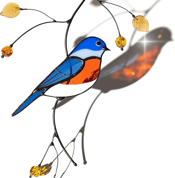 Gift Birds Handmade Stained Glass Suncatcher Genuine Stained Glass Window Hangings Unique Indoor Ornament & Outdoor Decor (Bluebird)