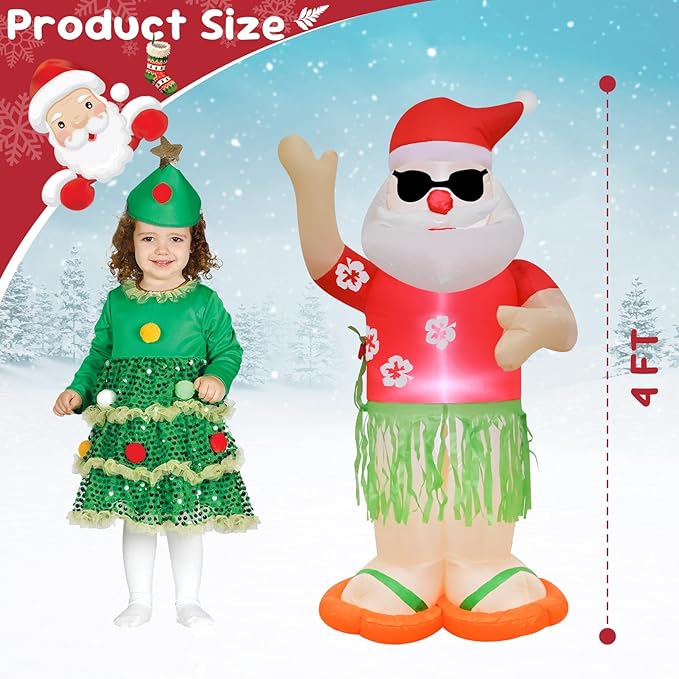 4FT Christmas Inflatable Santa Claus Holiday Decoration,Fun Xmas Santa Blow up Decor for Indoor Outdoor Yard Garden Lawn Party, Hawaii Theme Santa Wear Colorful Shirt Cool Sunglasses