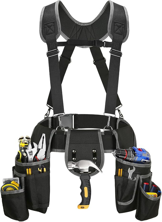 Tool Belt with Suspenders, Professional Tool Belt for Men, 18-Pocket Adjustable Heavy Duty Tool Organizer for Electrician, Carpenter, Framer, Construction Worker, Black & Blue (32''–66'')