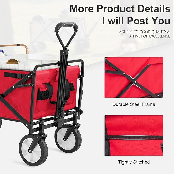 PayLessHere | Collapsible Wagon Cart with Wheels | Red | Heavy Duty Foldable Utility Cart with 330 lb Capacity | with All-Terrain Wheels & Adjustable Handle for Outdoor, Garden, Beach, Shopping
