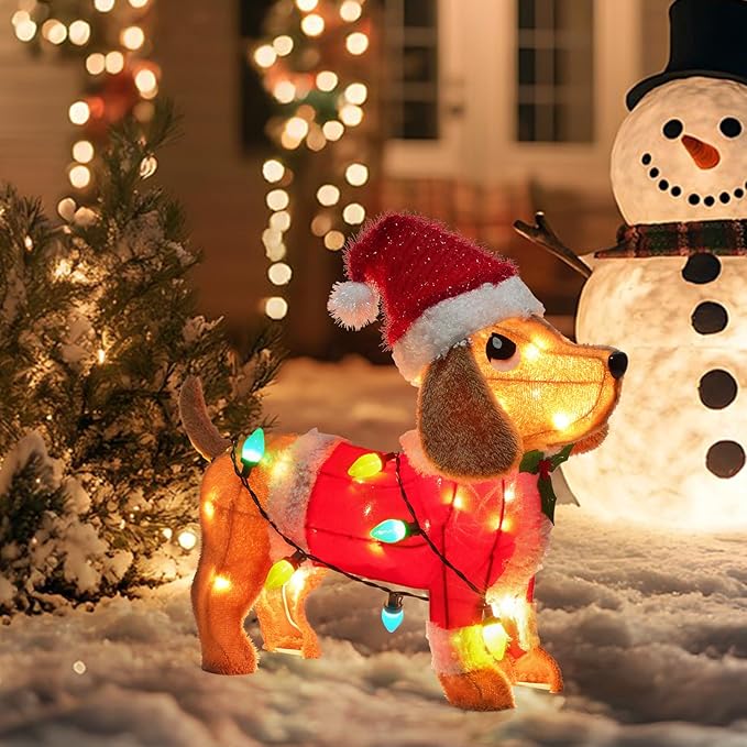 Lighted Christmas Decorations Outdoor/Indoor, 3D Dachshund with Xmas Hat and C9 String Lights, Sausage Dog Christmas Decor for Home Yard Garden Holiday Party