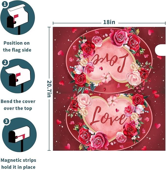 Valentine's Day Mailbox Covers Magnetic Standard Size 18 X 21 Inch Red Love Hearts Magnetic Mailbox Cover Floral Mailbox Wraps Post Box Cover Decoration Outdoor Garden Home Yard Outside