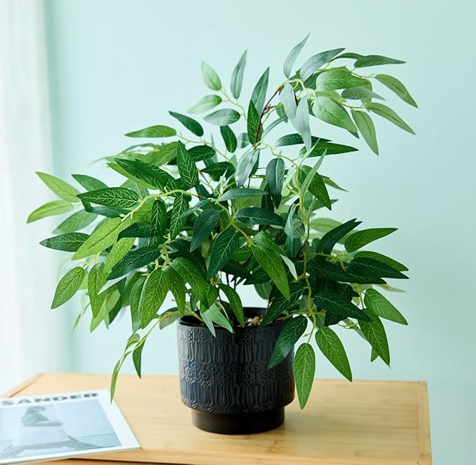 17.7" Tall Fake Plant Green Willow Leaves Artificial Indoor Faux Plant in Textured Black Ceramic Pot Realistic Decorative Plant for Home Office Bathroom Kitchen Bookshelf Small Space