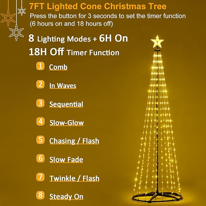 SUNNYPARK Christmas Outdoor Lighted Trees 7FT Prelit Christmas Cone Tree with 310 LEDs 8 Lighting Modes and Timer for Indoor Outdoor Xmas Porch Lawn