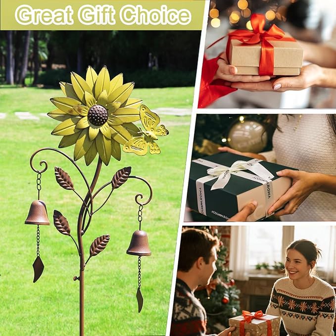 Sunflower Garden Stake with Bells, Decorative Garden Stakes for Garden Yard Patio Decor
