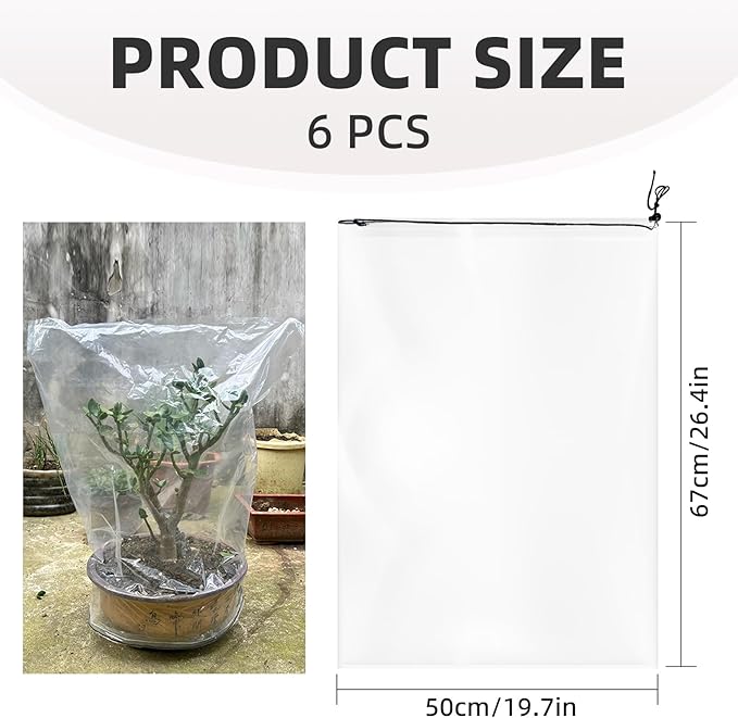 6 Pcs Winter Plant Film Cover with Drawstring-19.7" x 27.5" Clear Plastic Plant Cover Bags Transparent Waterproof Plant Shelter Bag Greenhouse Cover Bag for Outdoor Garden Plants Shrubs Sapling Crops