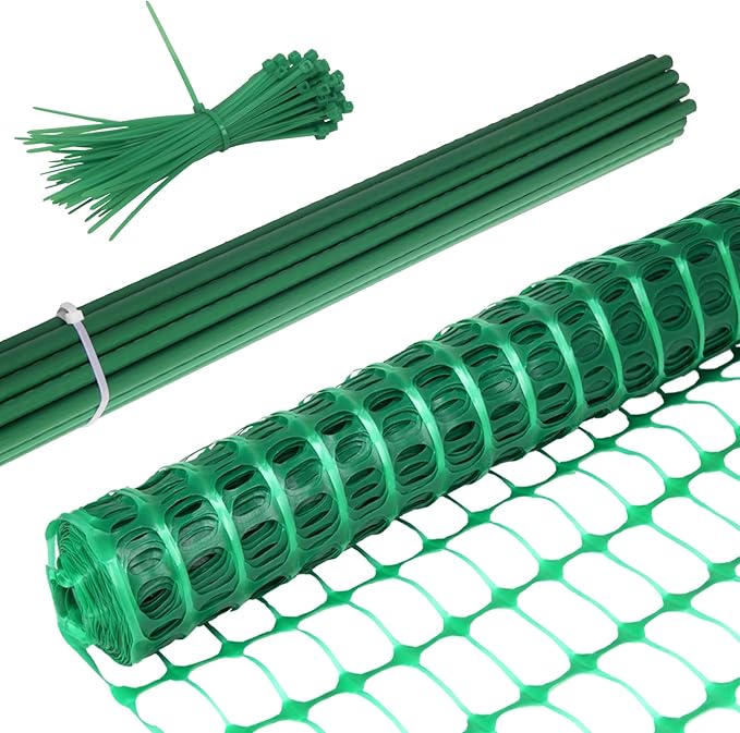 Heavy-Duty 4x100FT Plastic Garden Fence with Steel Posts - UV-Resistant Snow & Pool Barrier for Deer/Dogs/Rabbits/Poultry, Construction-Grade Temporary Fencing for Patio, Backyard & Chicken Coop