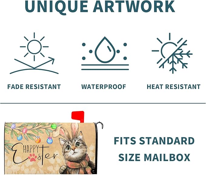 Easter Cat Magnetic Mailbox Cover 21x18 Inch Cute Kitten with Bunny Ear Egg Hunt Mailbox Wrap Post Cover Standard Size for Garden Yard Outdoor Outside Patio Holiday Waterproof Decor