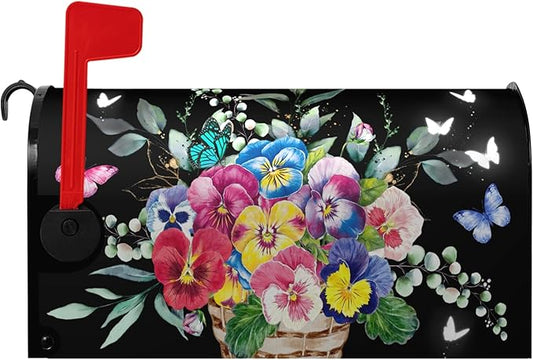 Summer Flower Mailbox Covers Magnetic Pansy Floral Mailbox Post Cover Black Colorful Pansies Butterfly Mail Box Wraps Waterproof for Garden Yard Standard Size 21x18 Inch