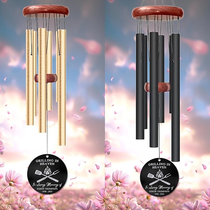 Personalized BBQ Memorial Wind Chime – “Grilling in Heaven” Custom Name & Years – Silver Engraved Grill Master Tribute – Outdoor Sympathy Gift – Memorial Wind Chimes for Loss of Loved One