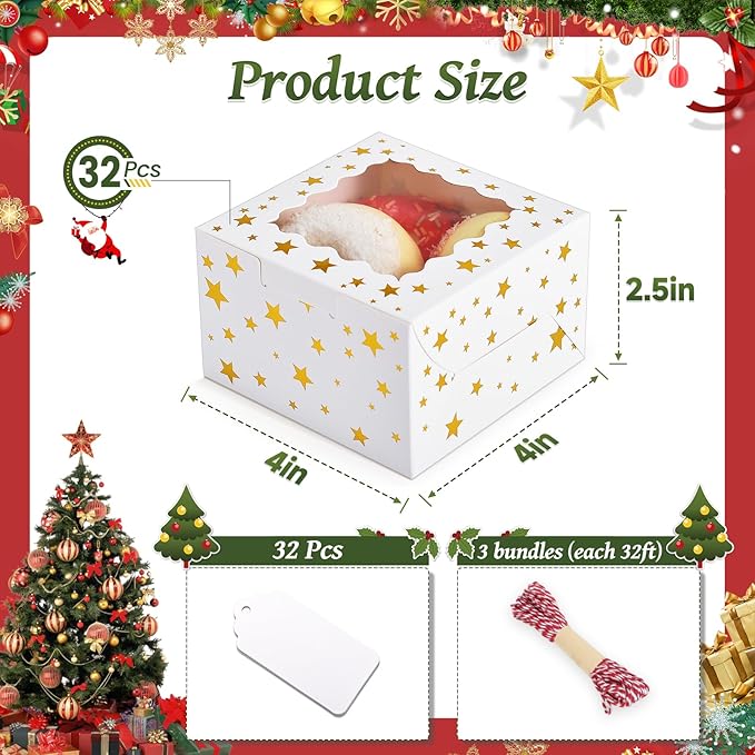 32Pcs 4x4x2.5 in Christmas Cookie Boxes with Window, White Bakery Boxes for Cookie, Treat Boxes Pastry Boxes for Gift Giving, Chocolate Covered Strawberries, Dessert, Donut, Cupcakes Muffins