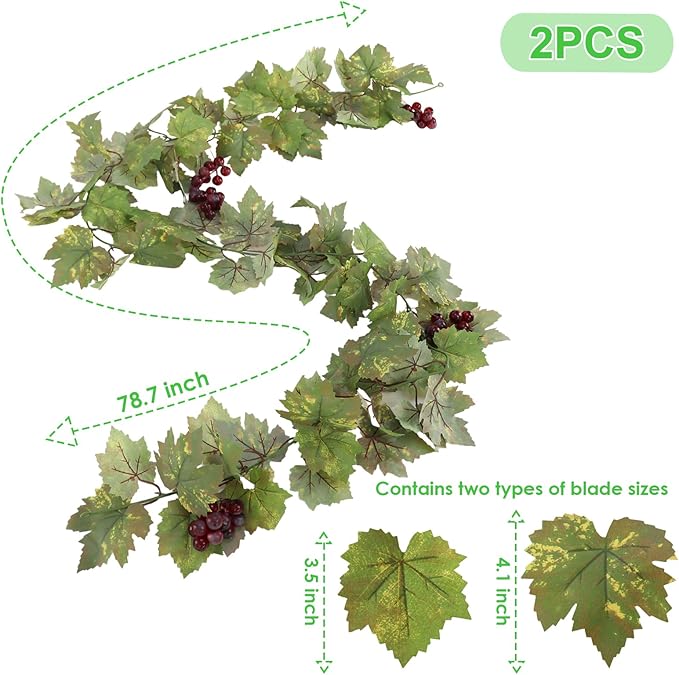 Artificial Grape Vine Leaf Garland Plant with 5 Strings Grapes, 6.5ft Artificial Fake Grape Vines Fake Greenery for Wedding Party Home Indoor Outdoors Decoration