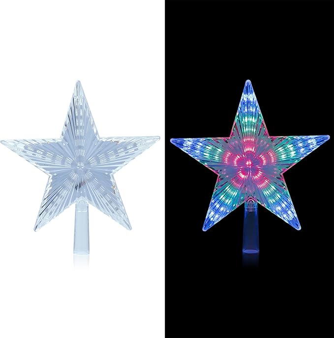 Alpine Corporation 8" H Flashing 5-Point Star Tree Topper with 31 Multi-Colored LED Lights, Christmas Decoration