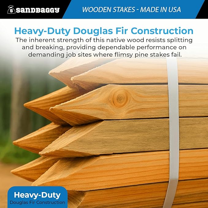 Sandbaggy 12" Wooden Grading Stakes - Heavy Duty Stakes for Construction, Gardening, Surveying, Concrete Forms - Chisel Point, Douglas Fir Wood - Made in The USA (50)