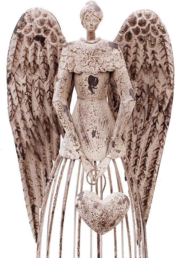 Antiqued Metal Garden Angel Statue with Heart, Indoor Outdoor Angel Yard Art Decor Lawn Patio Decorations Holiday Decor Garden Gift Idea, 32’’H (Heart)