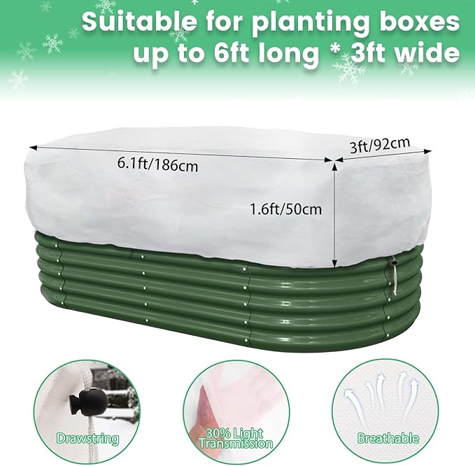 Plant Covers Freeze Protection, 2 Pack 6.1 x 3 x 1.6 ft Rectangular Raised Garden Bed Cover with Drawstring, 2.47oz/yd² Large Garden Box Frost Blankets Reusable Frost Cloth for Winter Outdoor Plants