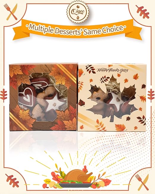qiqee Thanksgiving Bakery Box with Window 36packs 6x6x3 Gold Leaves Cookie Boxes Pastry Box for Thanksgiving Day