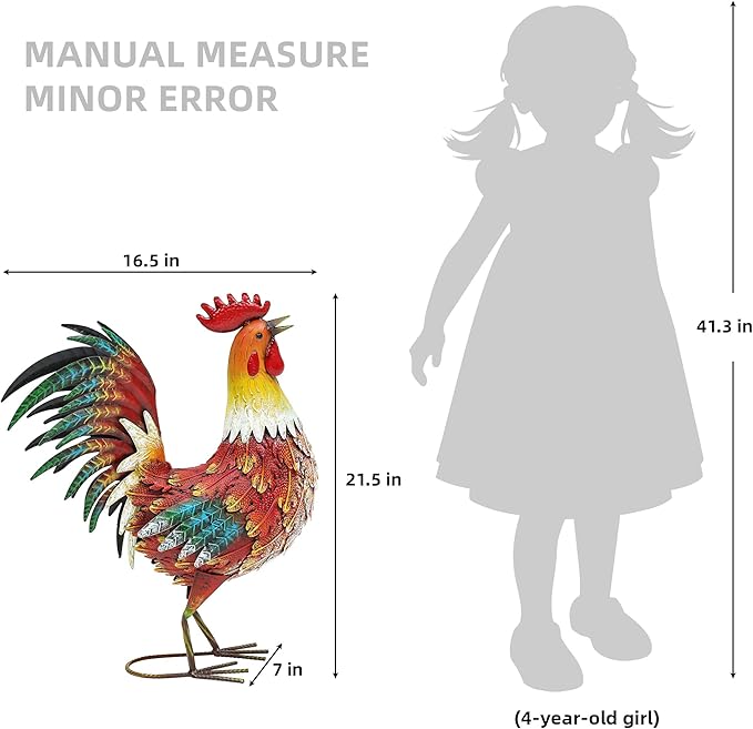 21" Metal Rooster Yard Decor, Outdoor Garden Statues, Metal Chicken Sculpture for Backyard Patio Kitchen Decor
