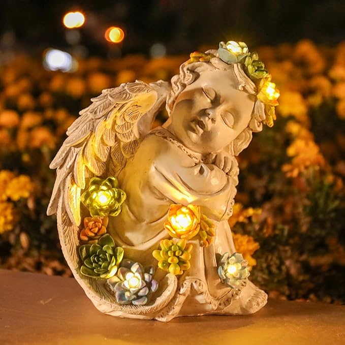 Solar Cherub Angel Outdoor Garden Decor Statues - 8 inches Angel Figurines Outdoor Sculptures with Succulent, Garden Statues for Outside, Patio, Balcony, Lawn Ornaments or Housewarming Gift