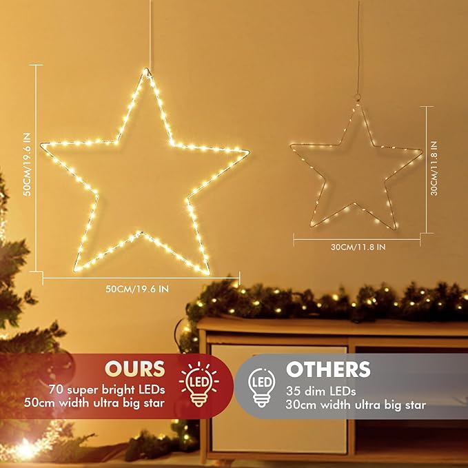 Marchpower Christmas Window Star Silhouette Lights, 19inch 70LED 2 Pack Large Star Lighted Xmas Decoration Battery Operated Twinkle Stars Light Outdoor Timer Lights Wedding Party Home Décor-Warm White